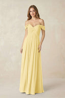 Off - the - Shoulder A - Line Chiffon Pleated Bridesmaid Dress in Pastel Yellow - KissProm Bridesmaid Dresses