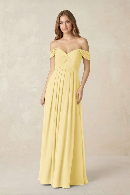 Off - the - Shoulder A - Line Chiffon Pleated Bridesmaid Dress in Pastel Yellow - KissProm Bridesmaid Dresses