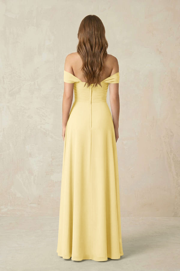 Off - the - Shoulder A - Line Chiffon Pleated Bridesmaid Dress in Pastel Yellow - KissProm Bridesmaid Dresses