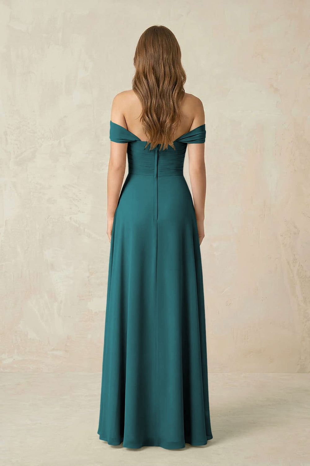 Off - the - Shoulder A - Line Chiffon Pleated Bridesmaid Dress in Pine - KissProm Bridesmaid Dresses