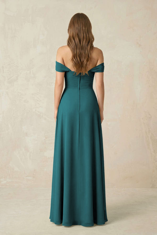 Off - the - Shoulder A - Line Chiffon Pleated Bridesmaid Dress in Pine - KissProm Bridesmaid Dresses