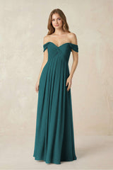 Off - the - Shoulder A - Line Chiffon Pleated Bridesmaid Dress in Pine - KissProm Bridesmaid Dresses