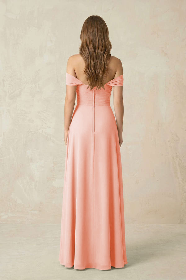 Off - the - Shoulder A - Line Chiffon Pleated Bridesmaid Dress in Rose Petal - KissProm Bridesmaid Dresses