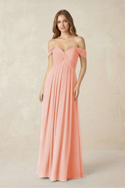 Off - the - Shoulder A - Line Chiffon Pleated Bridesmaid Dress in Rose Petal - KissProm Bridesmaid Dresses