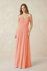 Off - the - Shoulder A - Line Chiffon Pleated Bridesmaid Dress in Rosette - KissProm Bridesmaid Dresses