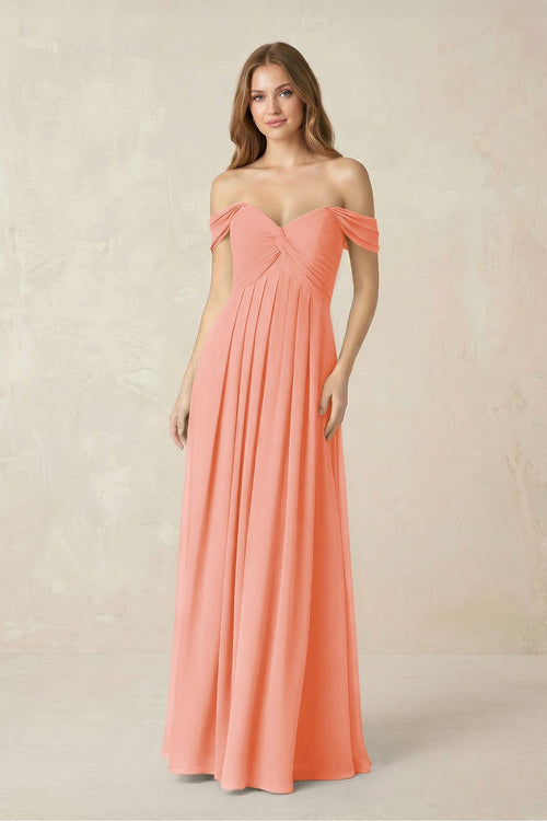 Off - the - Shoulder A - Line Chiffon Pleated Bridesmaid Dress in Rosette - KissProm Bridesmaid Dresses