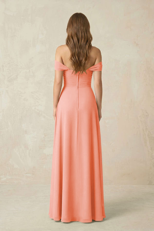 Off - the - Shoulder A - Line Chiffon Pleated Bridesmaid Dress in Rosette - KissProm Bridesmaid Dresses