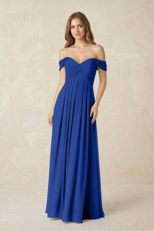 Off - the - Shoulder A - Line Chiffon Pleated Bridesmaid Dress in Royal Blue - KissProm Bridesmaid Dresses