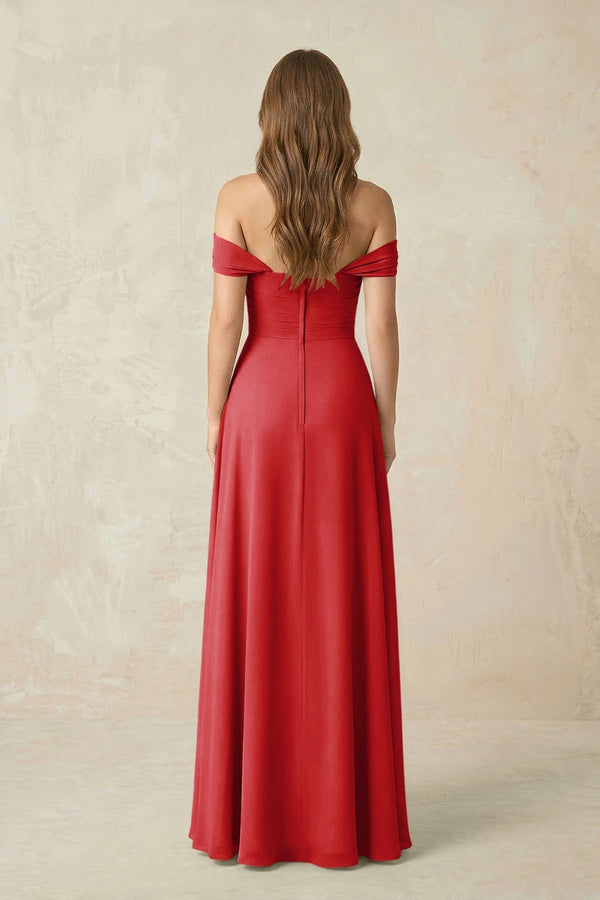 Off - the - Shoulder A - Line Chiffon Pleated Bridesmaid Dress in Ruby Red - KissProm Bridesmaid Dresses