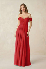 Off - the - Shoulder A - Line Chiffon Pleated Bridesmaid Dress in Ruby Red - KissProm Bridesmaid Dresses