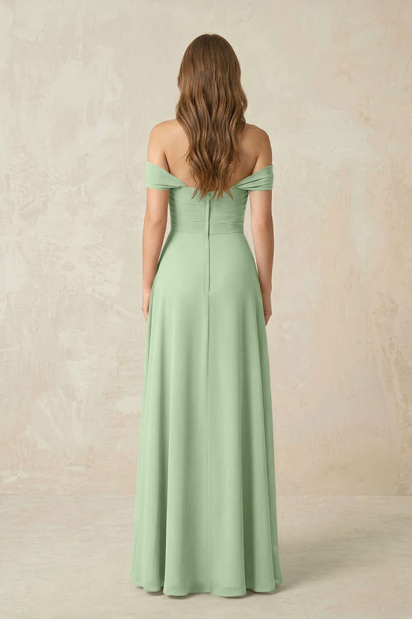 Off - the - Shoulder A - Line Chiffon Pleated Bridesmaid Dress in Sage - KissProm Bridesmaid Dresses