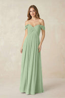 Off - the - Shoulder A - Line Chiffon Pleated Bridesmaid Dress in Sage - KissProm Bridesmaid Dresses