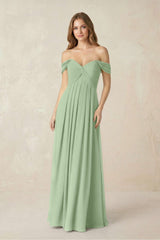 Off - the - Shoulder A - Line Chiffon Pleated Bridesmaid Dress in Sage - KissProm Bridesmaid Dresses
