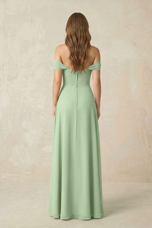 Off - the - Shoulder A - Line Chiffon Pleated Bridesmaid Dress in Sage - KissProm Bridesmaid Dresses