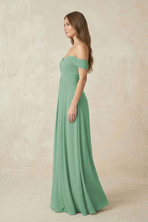 Off - the - Shoulder A - Line Chiffon Pleated Bridesmaid Dress in Sea Glass - KissProm Bridesmaid Dresses