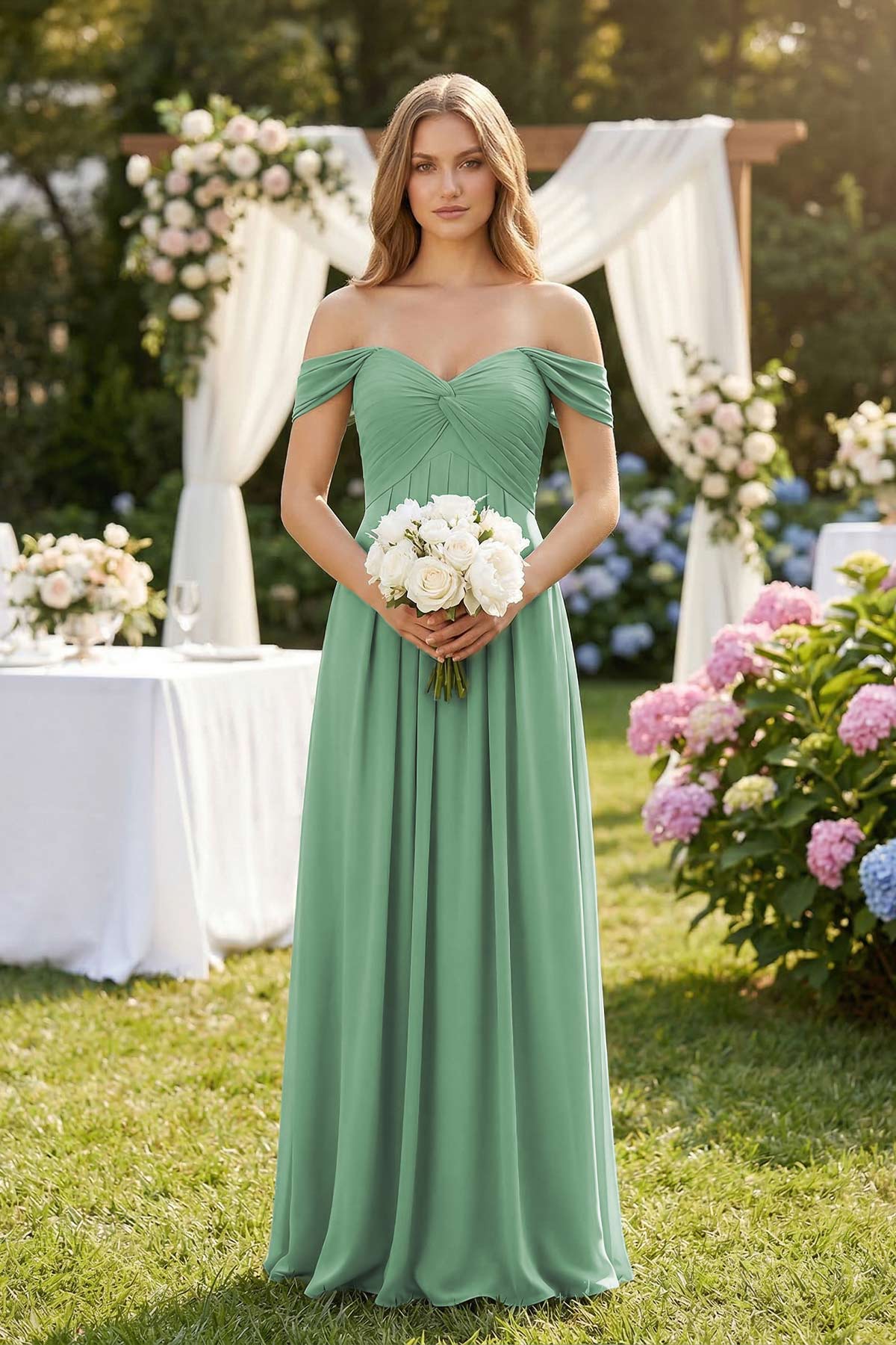 Off-the-Shoulder A-Line Chiffon Pleated Bridesmaid Dress in Sea Glass, Sea Glass / 12