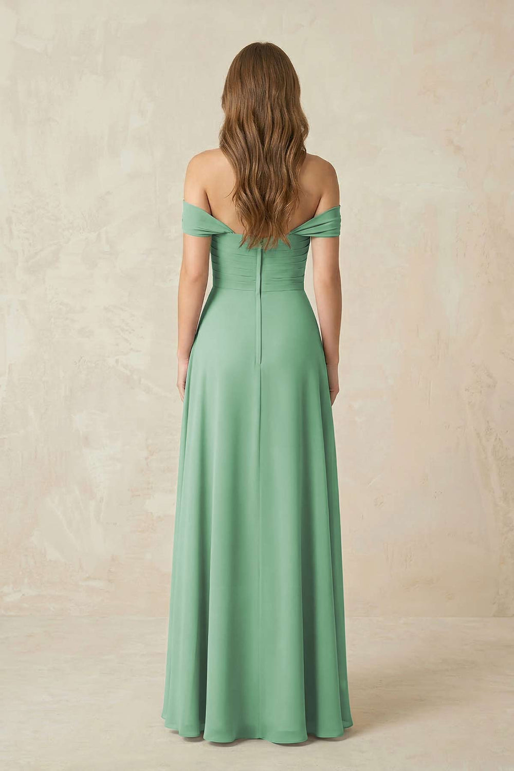 Off - the - Shoulder A - Line Chiffon Pleated Bridesmaid Dress in Sea Glass - KissProm Bridesmaid Dresses