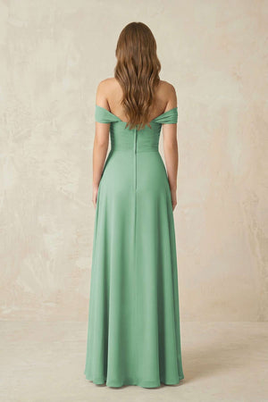 Off - the - Shoulder A - Line Chiffon Pleated Bridesmaid Dress in Sea Glass - KissProm Bridesmaid Dresses