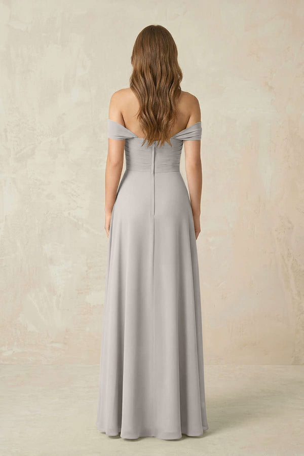 Off - the - Shoulder A - Line Chiffon Pleated Bridesmaid Dress in Silver - KissProm Bridesmaid Dresses