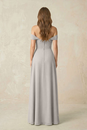 Off - the - Shoulder A - Line Chiffon Pleated Bridesmaid Dress in Silver - KissProm Bridesmaid Dresses