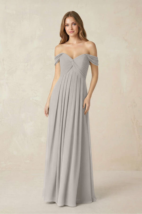 Off - the - Shoulder A - Line Chiffon Pleated Bridesmaid Dress in Silver - KissProm Bridesmaid Dresses