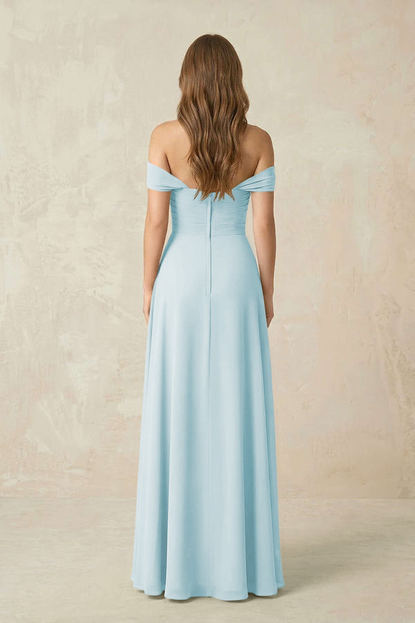 Off - the - Shoulder A - Line Chiffon Pleated Bridesmaid Dress in Sky Blue - KissProm Bridesmaid Dresses