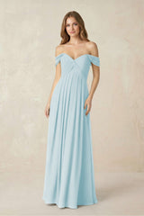 Off - the - Shoulder A - Line Chiffon Pleated Bridesmaid Dress in Sky Blue - KissProm Bridesmaid Dresses
