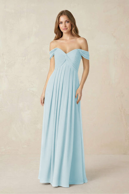 Off - the - Shoulder A - Line Chiffon Pleated Bridesmaid Dress in Sky Blue - KissProm Bridesmaid Dresses