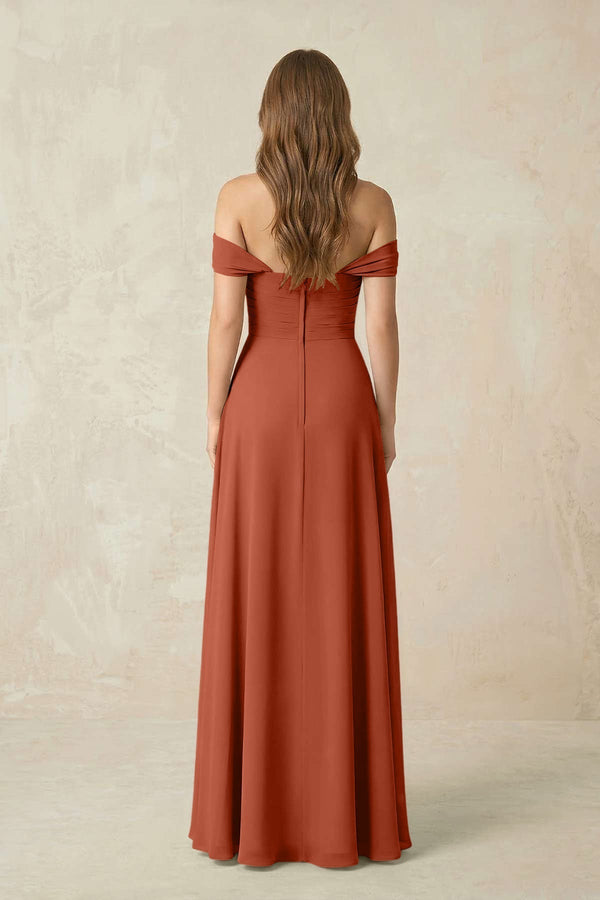 Off - the - Shoulder A - Line Chiffon Pleated Bridesmaid Dress in Spice - KissProm Bridesmaid Dresses