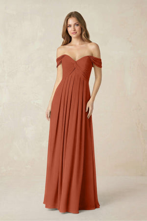 Off - the - Shoulder A - Line Chiffon Pleated Bridesmaid Dress in Spice - KissProm Bridesmaid Dresses