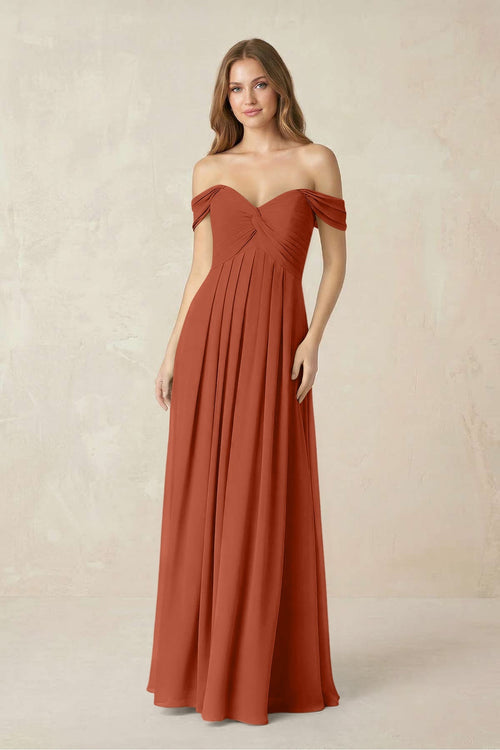 Off - the - Shoulder A - Line Chiffon Pleated Bridesmaid Dress in Spice - KissProm Bridesmaid Dresses