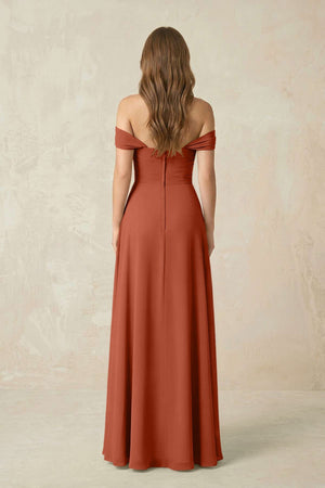 Off - the - Shoulder A - Line Chiffon Pleated Bridesmaid Dress in Spice - KissProm Bridesmaid Dresses
