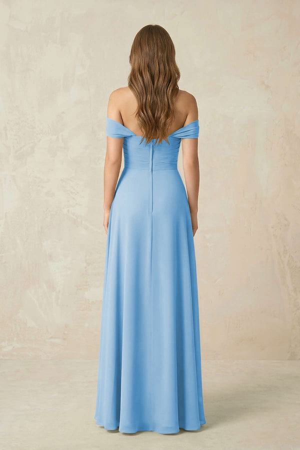 Off - the - Shoulder A - Line Chiffon Pleated Bridesmaid Dress in Steel Blue - KissProm Bridesmaid Dresses