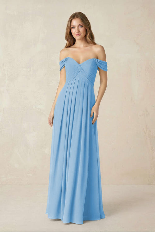 Off - the - Shoulder A - Line Chiffon Pleated Bridesmaid Dress in Steel Blue - KissProm Bridesmaid Dresses