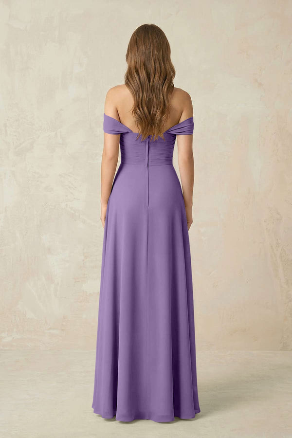 Off - the - Shoulder A - Line Chiffon Pleated Bridesmaid Dress in Tahiti - KissProm Bridesmaid Dresses