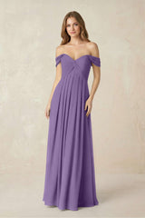 Off - the - Shoulder A - Line Chiffon Pleated Bridesmaid Dress in Tahiti - KissProm Bridesmaid Dresses
