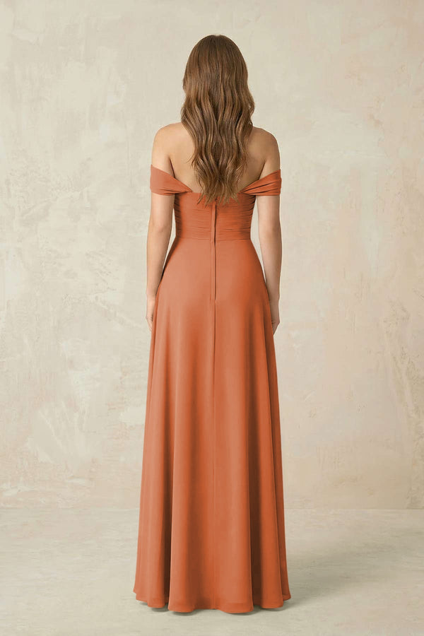 Off - the - Shoulder A - Line Chiffon Pleated Bridesmaid Dress in Terracotta - KissProm Bridesmaid Dresses
