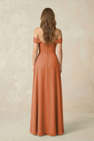 Off - the - Shoulder A - Line Chiffon Pleated Bridesmaid Dress in Terracotta - KissProm Bridesmaid Dresses