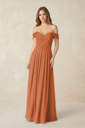 Off - the - Shoulder A - Line Chiffon Pleated Bridesmaid Dress in Terracotta - KissProm Bridesmaid Dresses
