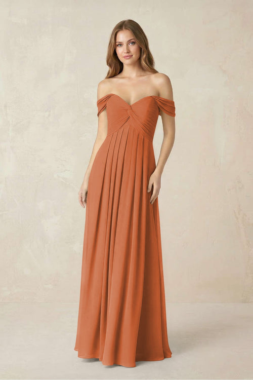 Off - the - Shoulder A - Line Chiffon Pleated Bridesmaid Dress in Terracotta - KissProm Bridesmaid Dresses
