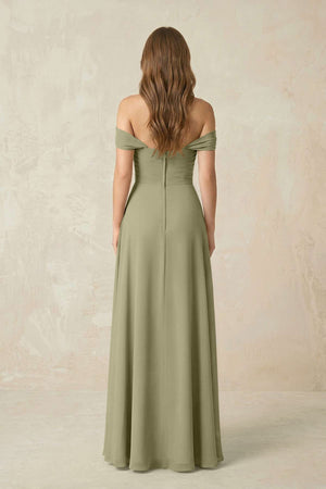 Off - the - Shoulder A - Line Chiffon Pleated Bridesmaid Dress in Thyme - KissProm Bridesmaid Dresses