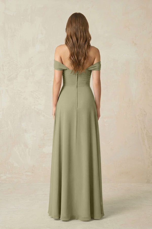 Off - the - Shoulder A - Line Chiffon Pleated Bridesmaid Dress in Thyme - KissProm Bridesmaid Dresses
