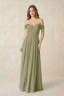 Off - the - Shoulder A - Line Chiffon Pleated Bridesmaid Dress in Thyme - KissProm Bridesmaid Dresses