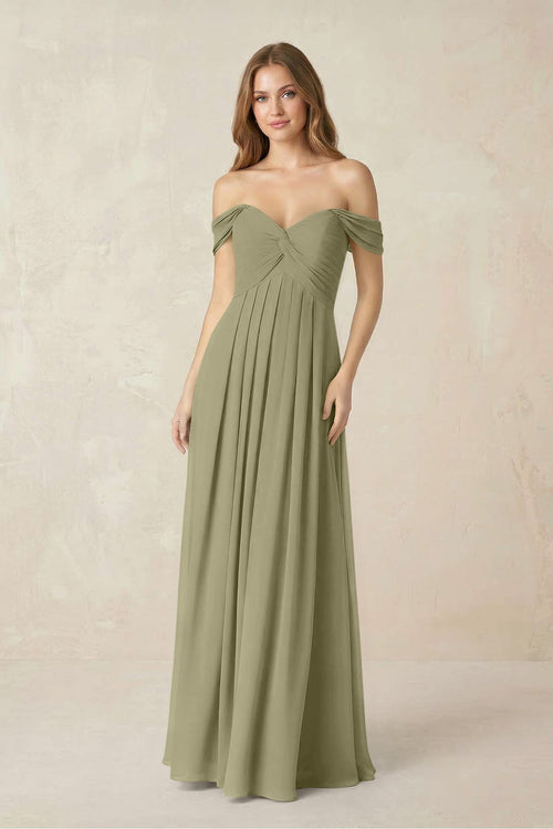 Off - the - Shoulder A - Line Chiffon Pleated Bridesmaid Dress in Thyme - KissProm Bridesmaid Dresses