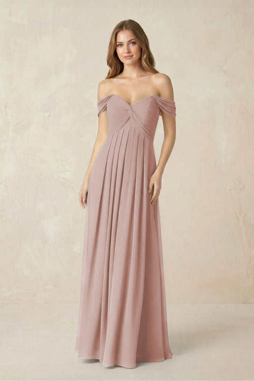 Off - the - Shoulder A - Line Chiffon Pleated Bridesmaid Dress in Toffee - KissProm Bridesmaid Dresses