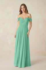 Off - the - Shoulder A - Line Chiffon Pleated Bridesmaid Dress in Turquoise - KissProm Bridesmaid Dresses