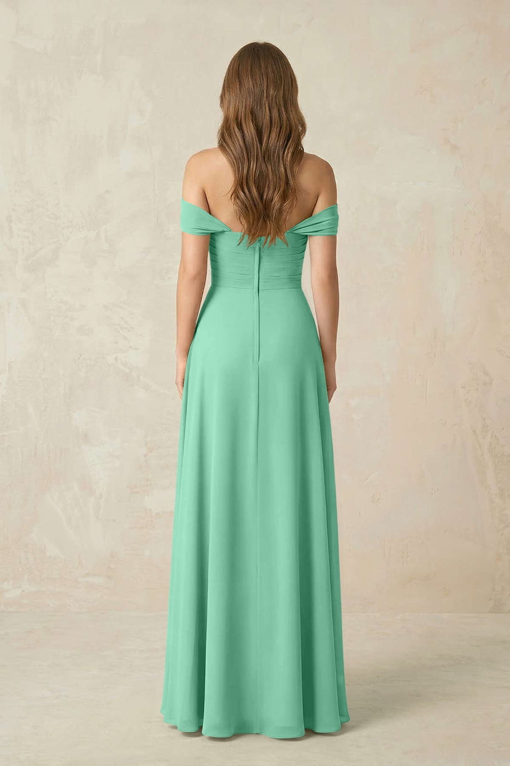 Off - the - Shoulder A - Line Chiffon Pleated Bridesmaid Dress in Turquoise - KissProm Bridesmaid Dresses