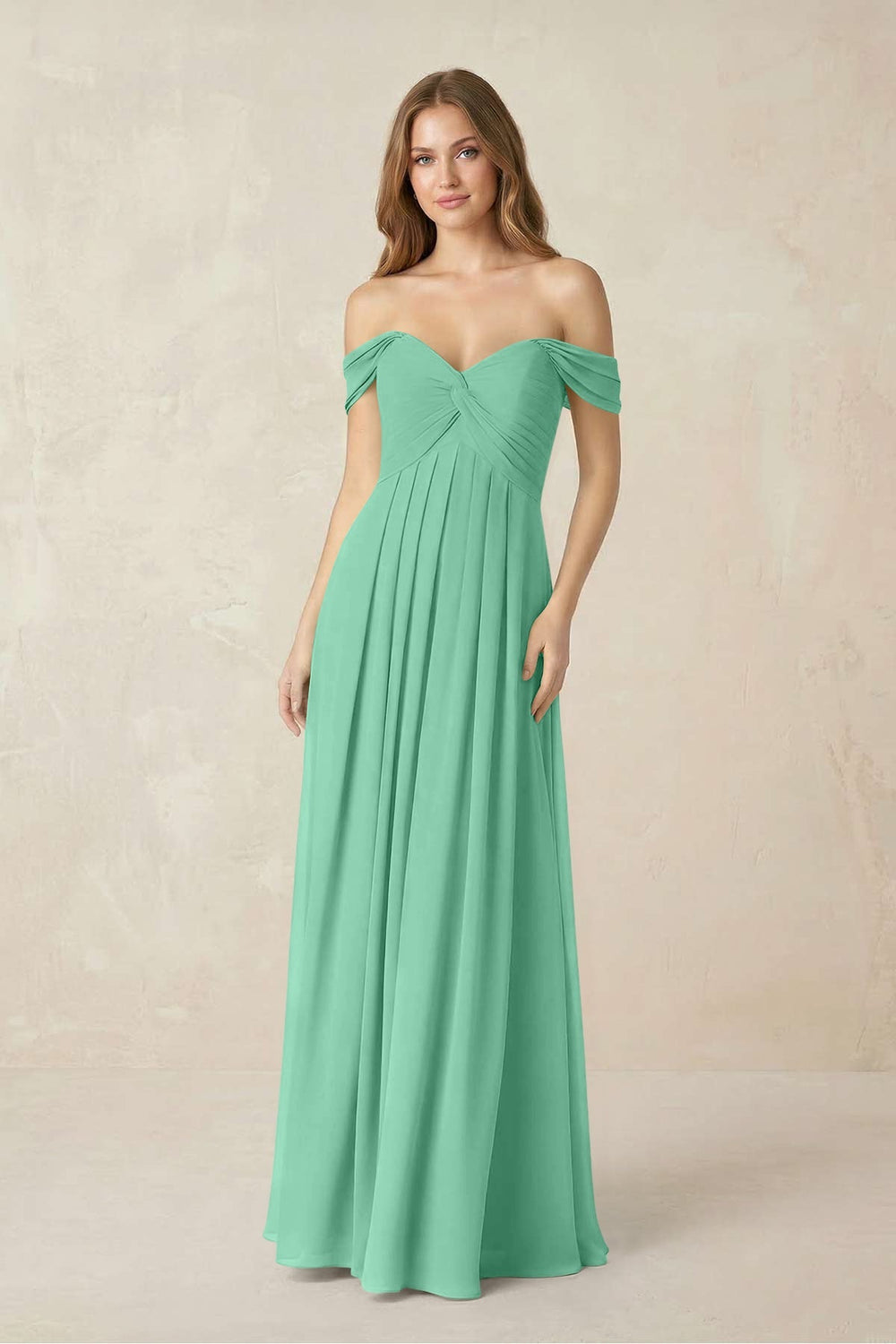 Off - the - Shoulder A - Line Chiffon Pleated Bridesmaid Dress in Turquoise - KissProm Bridesmaid Dresses