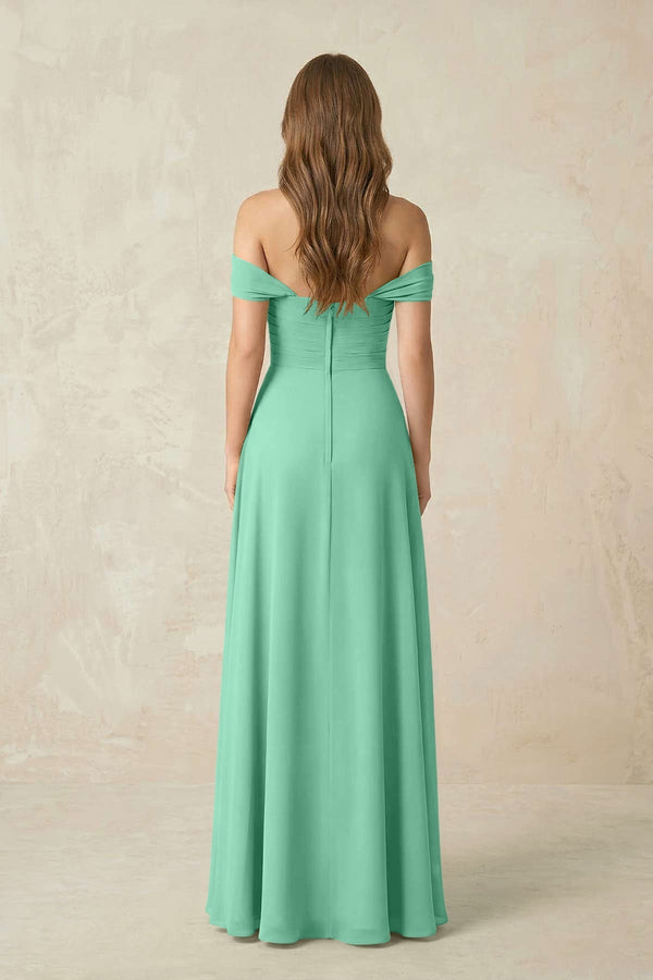 Off - the - Shoulder A - Line Chiffon Pleated Bridesmaid Dress in Turquoise - KissProm Bridesmaid Dresses