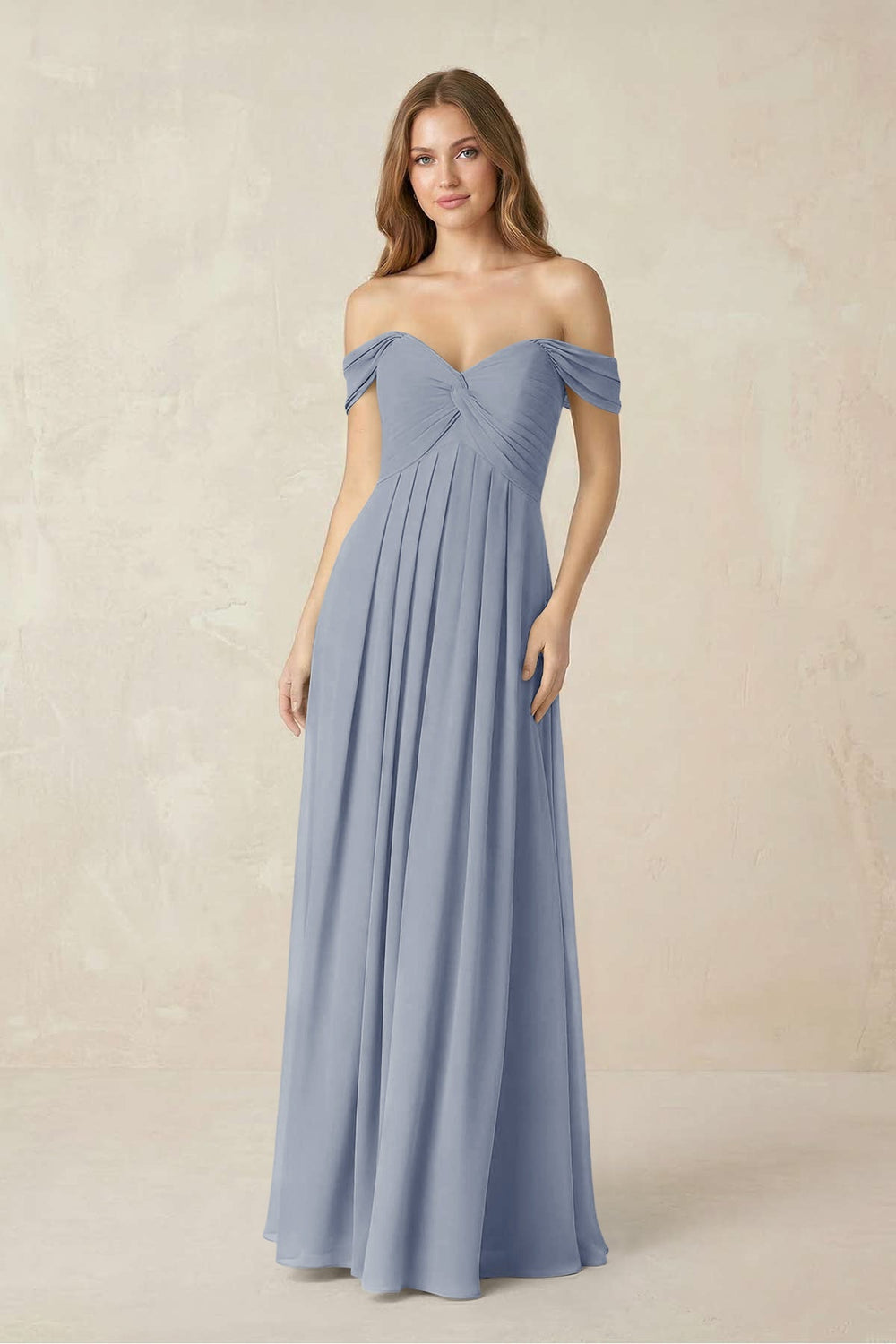 Off - the - Shoulder A - Line Chiffon Pleated Bridesmaid Dress in Twilight - KissProm Bridesmaid Dresses